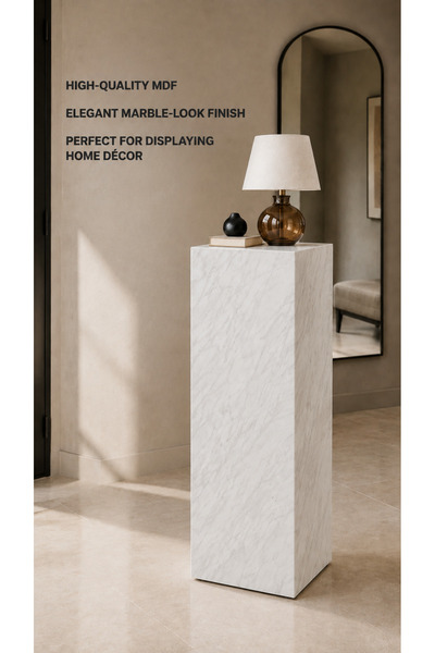 ibrahim suleiman al saqami High-Quality MDF Decorative Display Pedestal Stand – Marble-Look Side Table, Plant & Home Décor Stand – White and Black – 80 × 30 × 30 cm