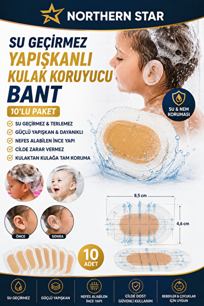 Northern Star Bebek ve Çocuklar İçin Su Geçirmez Yapışkanlı Kulak Koruyucu Ba...