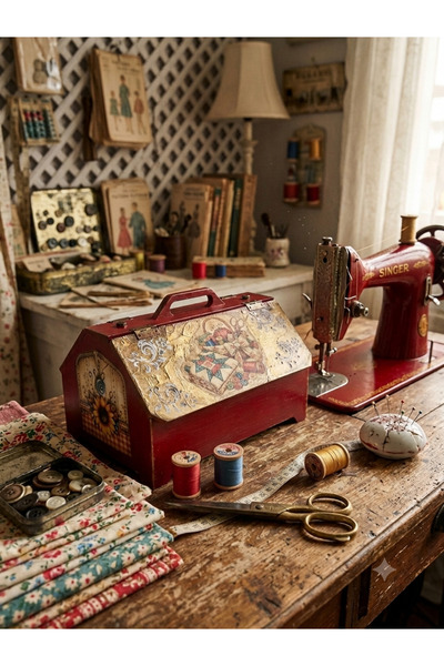 Nsn Ahşap Dünyası Hand-Painted, Wooden, Sewing/Knitting Box, Vintage/Country Style Decorative Box, Gift for Mother
