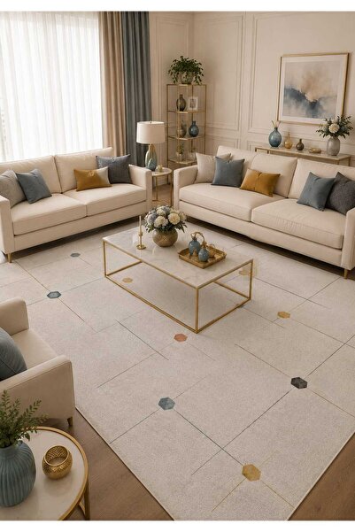 Bordo Halı Çizgili ve Altıgen Motifli Dijital Baskılı Halı Modern Oturma Odas...