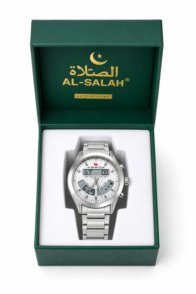al salah watch AL-SALAH Analog Digital Wristwatch – Silver Round Dial, Metal Bracelet, Multiple Digital Displays & Side Control Buttons