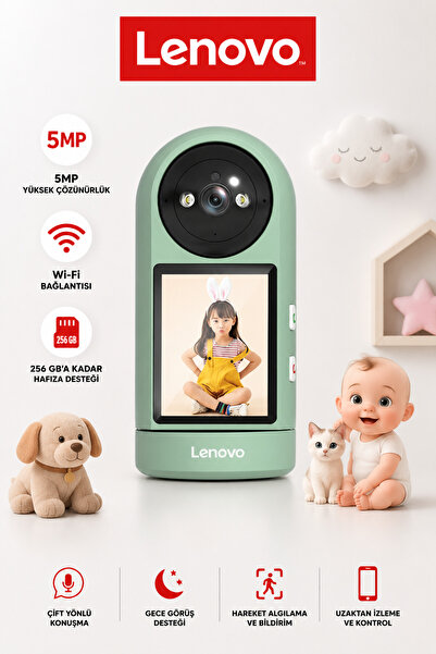 LENOVO 5MP Ekranlı Görüntülü Konuşulabilen Bebek Kamerası Evcil Hayvan ve Yaş...