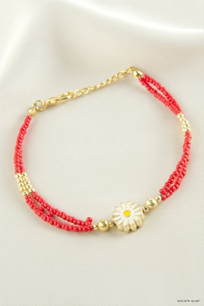 ZERO LAND Spt-Gld Daisy Enamel Sand Bead Bracelet (141252) Red