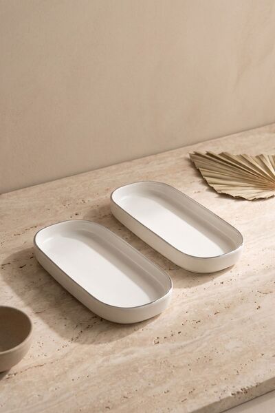 RUBİ PORSELEN Modern Platinum Silver Gilded Cream Porcelain 2-Piece Kayık Ser...