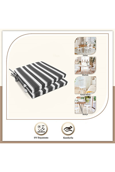 Monolisse Stripe 2'li Fermuarlı Bağcıklı Sandalye Minderi Gri 40 x 40 cm