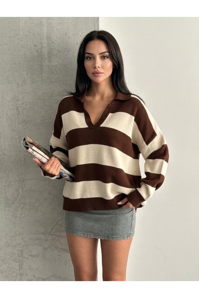 Dier Moda Pulover tricotat oversize cu guler polo, cu dungi gri și galbene, pentru femei