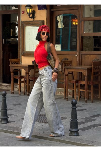 MEECY Women's Gray High Waist Wide Leg Loose-Fit Jeans