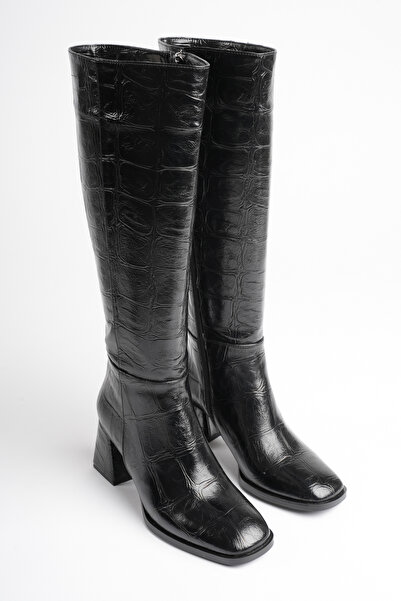 Griffa Shoes Γυναικείες μαύρες μπότες με σχέδιο κροκόδειλου και χοντρό τακούνι