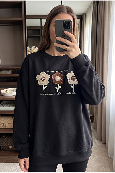FEMELLE Siyah %100 Pamuk Boncuk Ve Nakış İşlemeli Sweatshirt