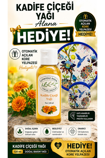 Kadife Çiçeği (Çıtlık) Yağı 120 ml – Bitkisel Doğal Bakım Yağı + Otomatik Açılan Kore Yelpazesi Hediye