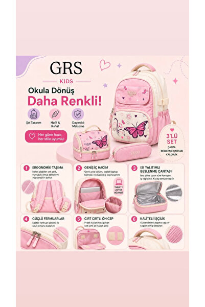 Grsbags Girl's Pink Butterfly Patterned 3-Piece School Backpack