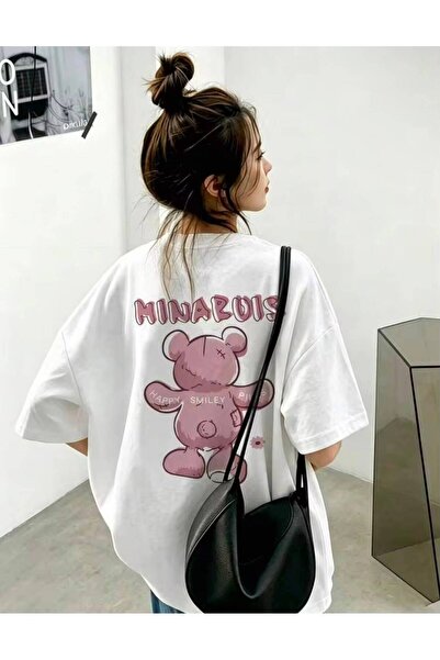 LELVANİ Women's Minaruis Happy Smiley Pink Bear Printed T-Shirt