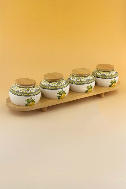 Bursa Porselen Dekor Capri Lemon Bamboo 4-Piece Porcelain Spice Set with Stand