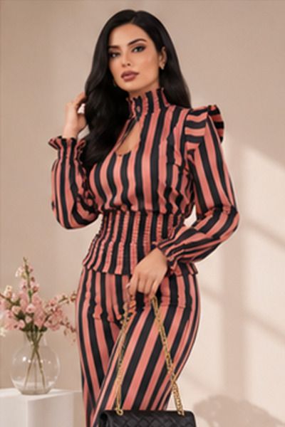Stylish Fashion طقم من ستايلش فاشن تركي غاية في الأناقة مقلم باللون البني وال...