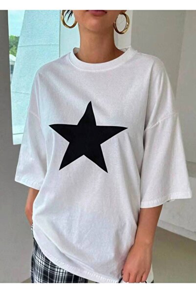 LELVANİ Women's Black Star Printed Crew Neck T-Shirt