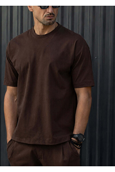 HENRY CLOTHING Ανδρικό κοντομάνικο καφέ λινό oversized μπλουζάκι 9-001-καφέ
