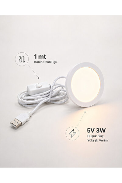 Dekor66 Yuvarlak LED Lamba 5V 3W 1 Metre Kablolu Gün Işığı Dekoratif Aydınlatma