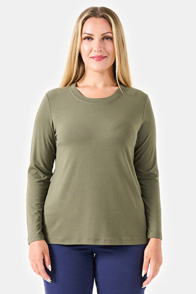 TOLGA SARAÇOĞLU 11010 Khaki Crew Neck Long Sleeve Basic Knitted Blouse