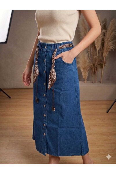 BELLA VESTE ATELİER Banny Jeans Front Side Buttoned Midi Length Lycra Navy Bl...