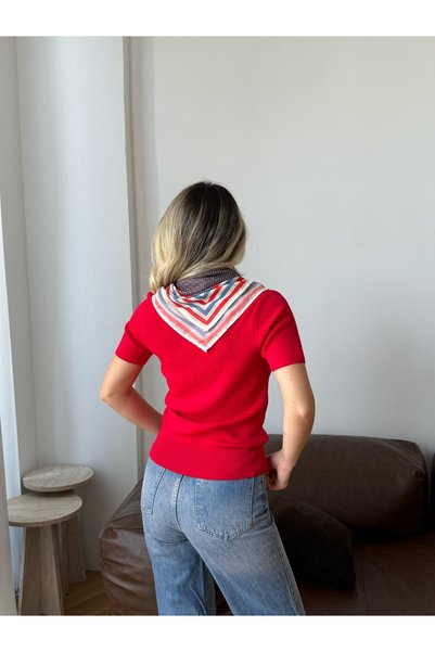 MODAMERSİ Kadın Kırmızı V Yaka Fularlı Triko Bluz