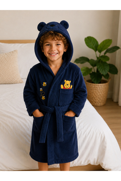 İQON Children's Hooded Bathrobe 100% Cotton – Honey Bear Navy Blue (6 – 7 Yea...