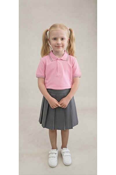 Baran Işık Sümer Işık Girl's Pink Gray Double Striped Collar and Sleeve Detai...