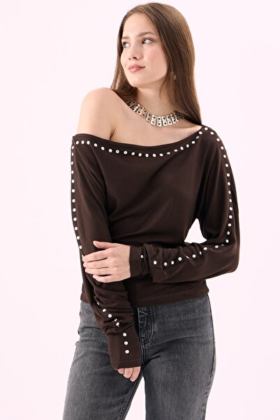 CrepTekstil Crep Women's Soft Textured Boat Neck Staple Detailed Flexible Bat...