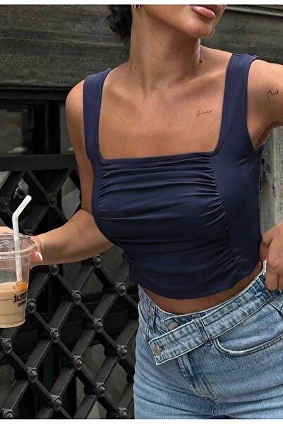 World Fashion Trends 4032 LACİVERT Ön ve Arkası Büzgülü Toparlayıcı Esnek Crop