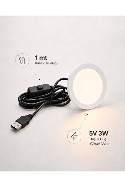 Dekor66 Yuvarlak LED Lamba 5V 3W 1 Metre Kablolu Gün Işığı Dekoratif Aydınlatma