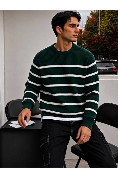 threeoff Men's Crew Neck Striped Knitwear Sweater Long Sleeve Oversize Casual...