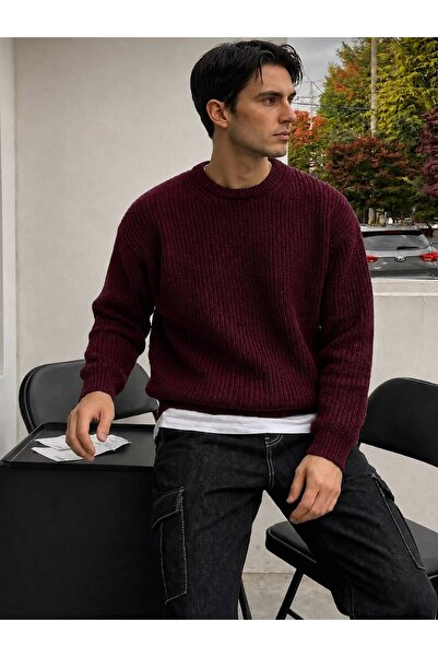 threeoff Men's Oversize Thessaloniki Knitted Sweater Crew Neck Thick Textured...