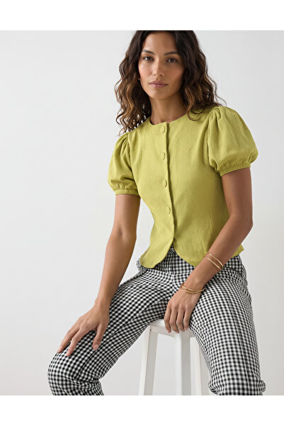 Merlot Green Blouse/Jacket with Balloon Sleeves and Button Detail