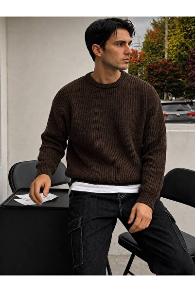 threeoff Men's Oversize Thessaloniki Knitted Sweater Crew Neck Thick Textured...