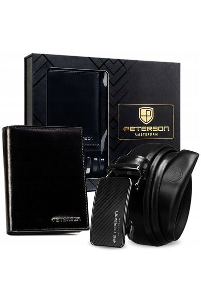 Peterson Set portofel din piele + curea automată, cadou, negru