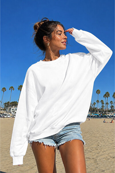 BW Bravely Wear Women's White Crew Neck Plain Unprinted Oversize Sweatshirt