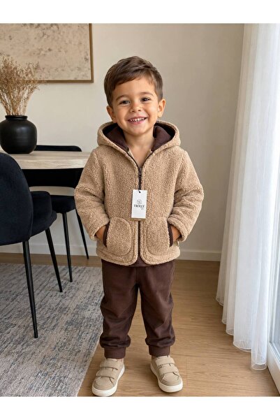 AYDEDE KİDS Çocuk Kapüşonlu Peluş Mont Kışlık Fermuarlı Cepli Teddy Mont Kahve