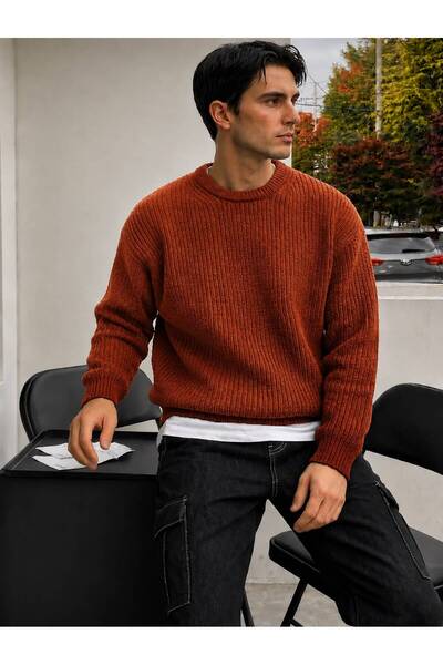 threeoff Men's Oversize Thessaloniki Knitted Sweater Crew Neck Thick Textured...
