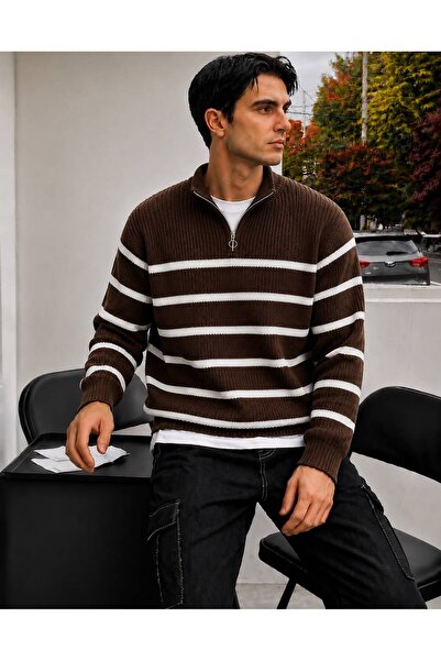 threeoff Men's Striped Knitwear Sweater Half Zipper Stand Collar Regular Fit ...