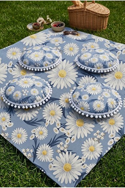 Rona Home Mavi Papatyalı Piknik Örtüsü Ve Yer Minderi Seti 4 Adet Ponponlu Mi...