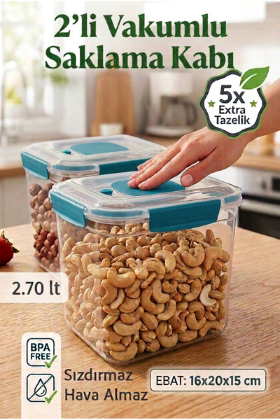 MAXİFRESH 2'li Vakumlu Saklama Kabı Mutfak Düzenleyici ve Erzak Kabı 2,70 Litre