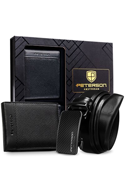 Peterson Set cadou portofel și curea pentru bărbați, din piele, automat, negru