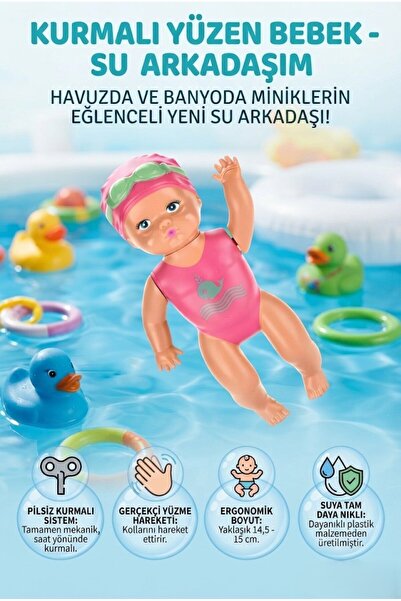 Tıfıl Toys Kurmalı 14 cm Yüzen Bebek Su Arkadaşım Havuzda Ve Banyoda Minikler...