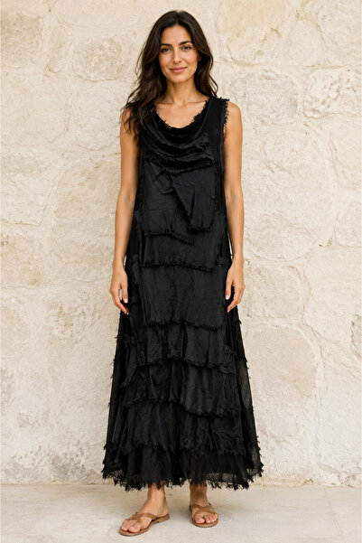 AGORATEKSTİL Women's Original Italian Cotton Silk Fabric Long Dress 38-42