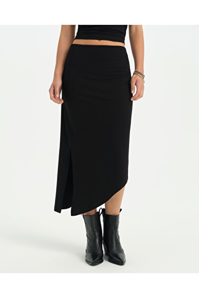 Ayma Active Black Ecovero ™ Viscose Asymmetrical Midi Skirt with Slits and Ga...