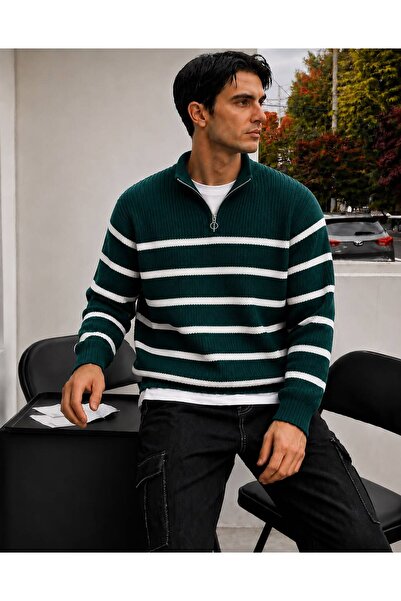 threeoff Men's Striped Knitwear Sweater Half Zipper Stand Collar Regular Fit ...