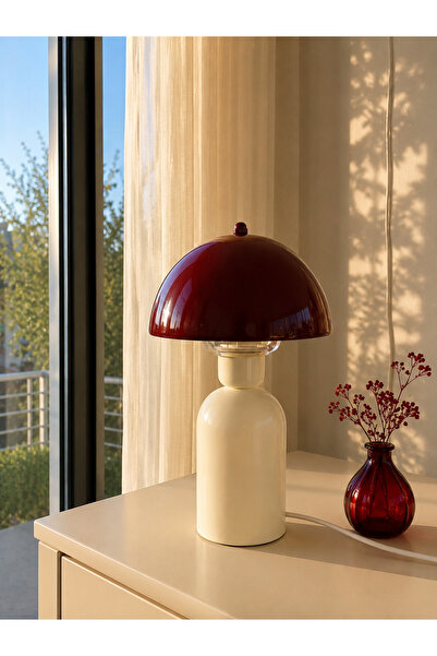 EvLight Elit Abajur Bordo-Krem Metal Gövdeli 35 cm Premium Masa Lambası