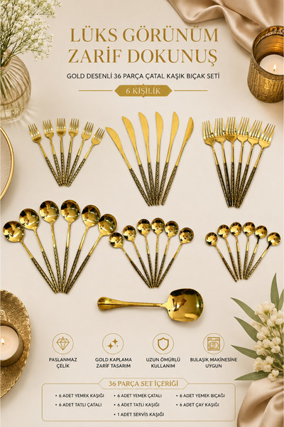Ve Shop Aselora Gold 6 Kişilik 36 Parça Çatal Kaşık Bıçak Seti – Servis Kaşığ...