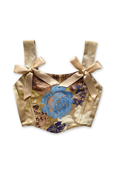 L'Aura Corset Çiçekli Krem Rengi Vintage Korse