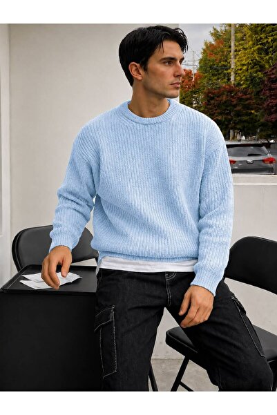threeoff Men's Oversize Thessaloniki Knitted Sweater Crew Neck Thick Textured...
