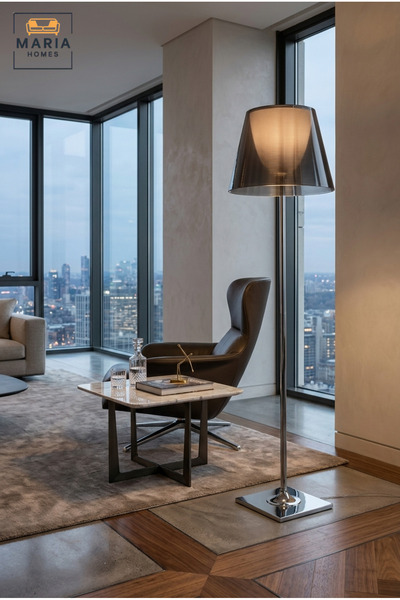 MARIA HOMES مصباح أرضي حديث من الكروم مع غطاء شفاف مدخن، وقاعدة نحيفة مربعة ا...